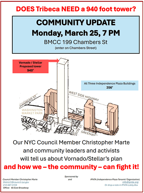 Drawing of Proposed Vornado/Stellar Tower, 940 feet high, compared with all three Independence Plaza Buildings, each 356 feet high.